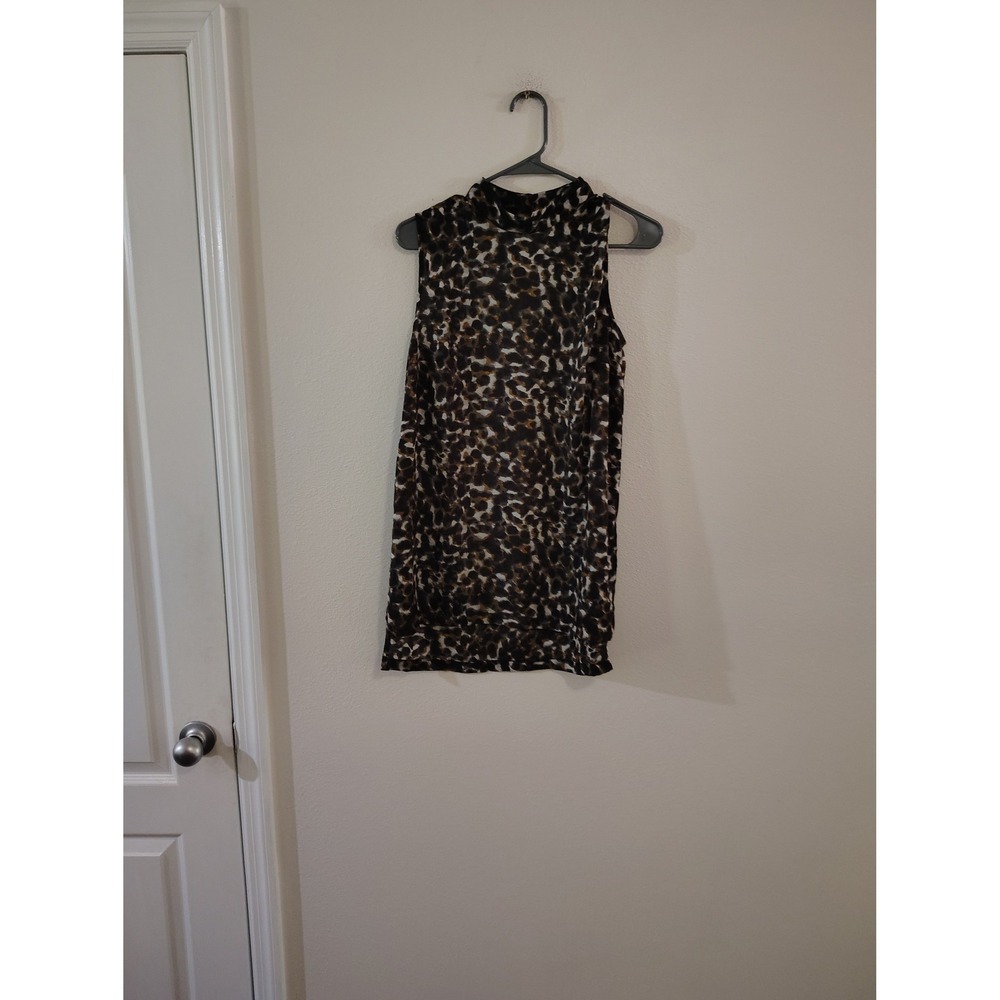 Prologue Womens Leopard Print Mock Neck Sleeveless Blouse Brown Black Medium